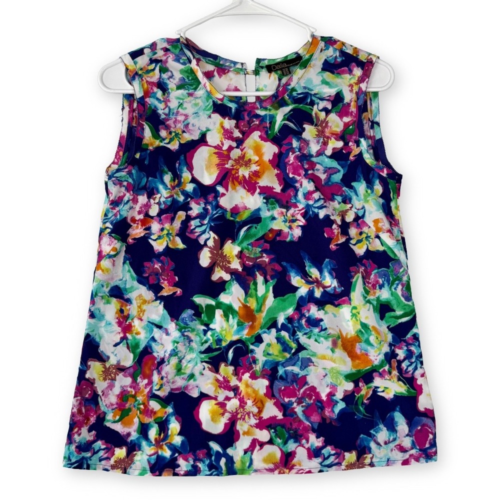 Dalia Womens Floral Sleeveless Blouse Navy Multi Color Keyhole Back Top XS